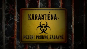 Výstražná tabuľa s nápisom a symbolom biohazard, titulný obrázok online šifrovačky s názvom Karanténa.