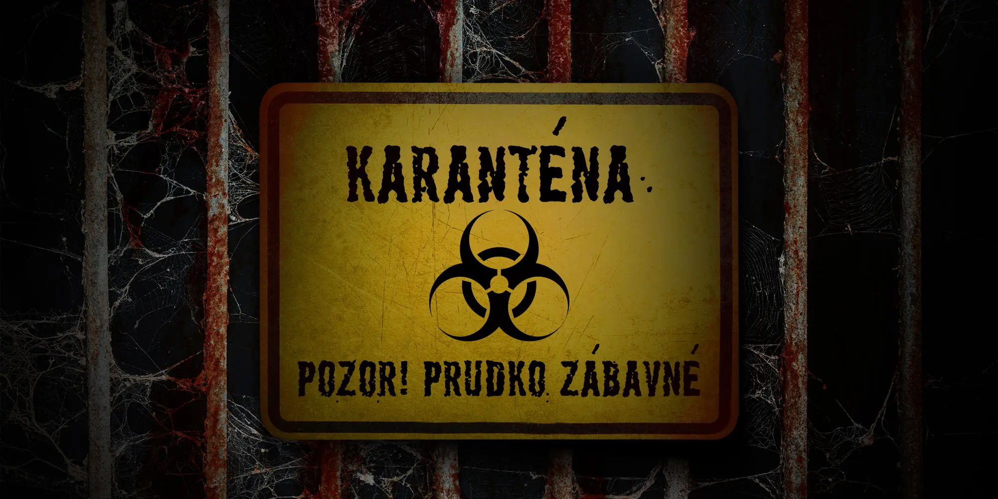 Výstražná tabuľa s nápisom a symbolom biohazard, titulný obrázok online šifrovačky s názvom Karanténa.