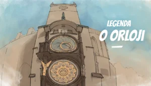 Komiksově laděná ilustrace Pražského orloje na Staroměstské radnici, titulní obrázek městské šifrovací hry Legenda o Orloji.