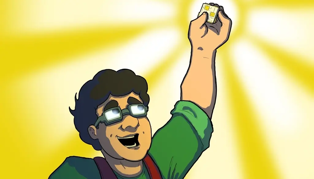 Bobko Takagi drží nad hlavou svoj vynález v detskej šifrovacej hre Posledný follower – Prevratný objav.