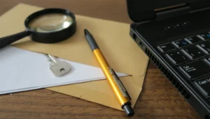 Obálka s kľúčom, lupa, pero a notebook na stole, titulný obrázok šifrovacej hry Príbeh sa začína.