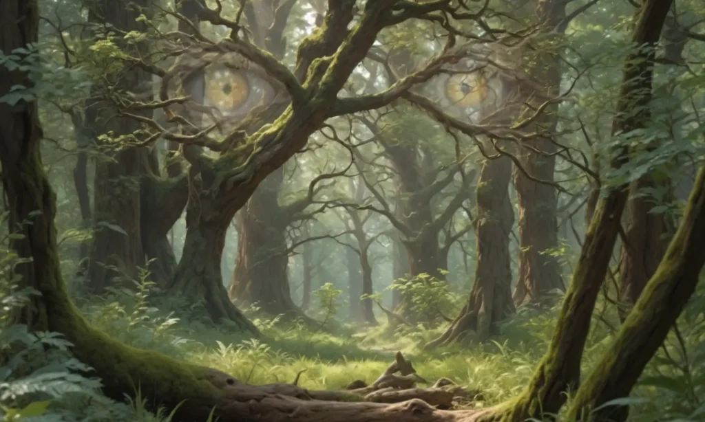 Tajomný les v pohorí Tribeč, kde sa medzi stromami črtajú obrysy očí symbolizujúce legendy a záhady.