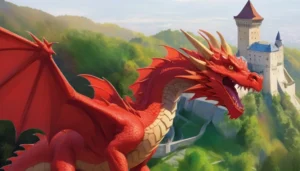 Ilustrácia červeného draka nad Trenčianskym hradom, titulný obrázok rodinnej mestskej šifrovacej hry Trenčiansky drak.