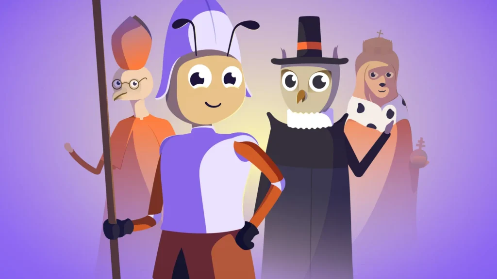 Kreslené postavy z mestskej šifrovacej hry Príbeh ukradnutej koruny inšpirované historickými osobnosťami z obdobia korunovácií v Bratislave.