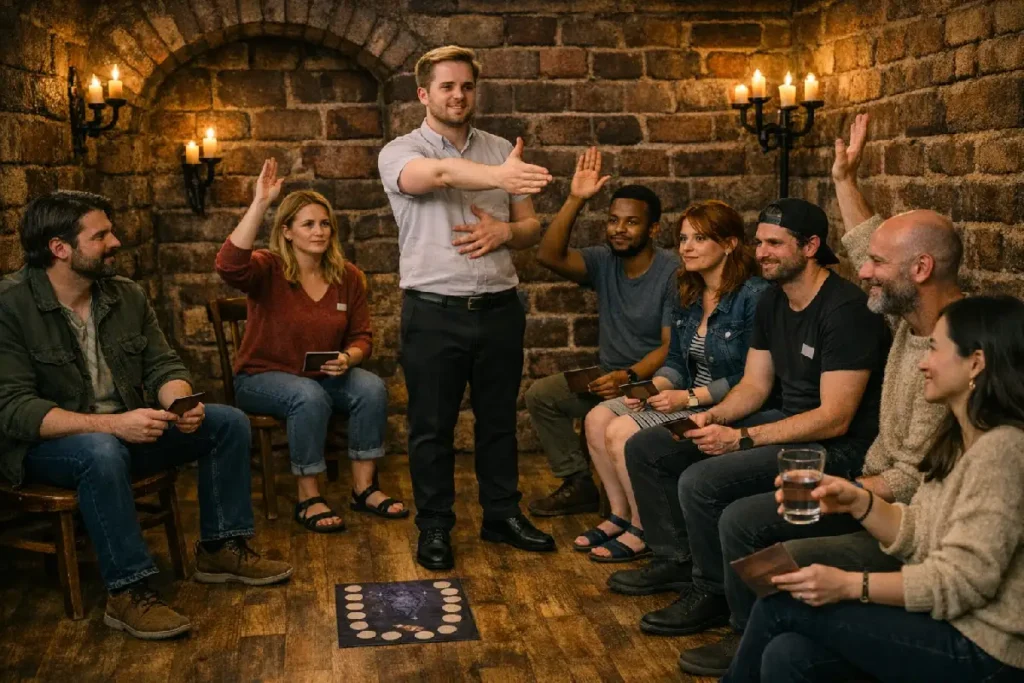 Ilustračný obrázok tímu, ktorý hrá dedukčnú hru Blood on the Clocktower – teambuilding zameraný na komunikáciu, kritické myslenie a rozhodovanie.